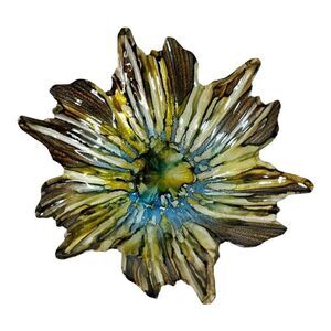 Hand Blown Glass Flower Bowl Glitter Blue Yellow Art Piece 12" Reverse Painted